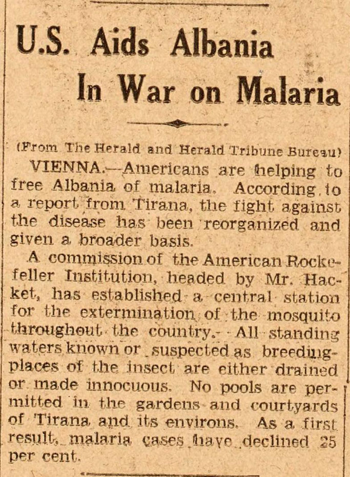 THE NEW YORK HERALD (1932) / SHBA NDIHMON SHQIPËRINË NË LUFTËN KUNDËR MALARIES
