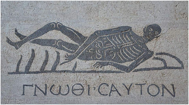 Mozaiku i lashtë me mbishkrimin e një thënie parimore të dijetarit Sokrat – Nga Aleksander Hasanas