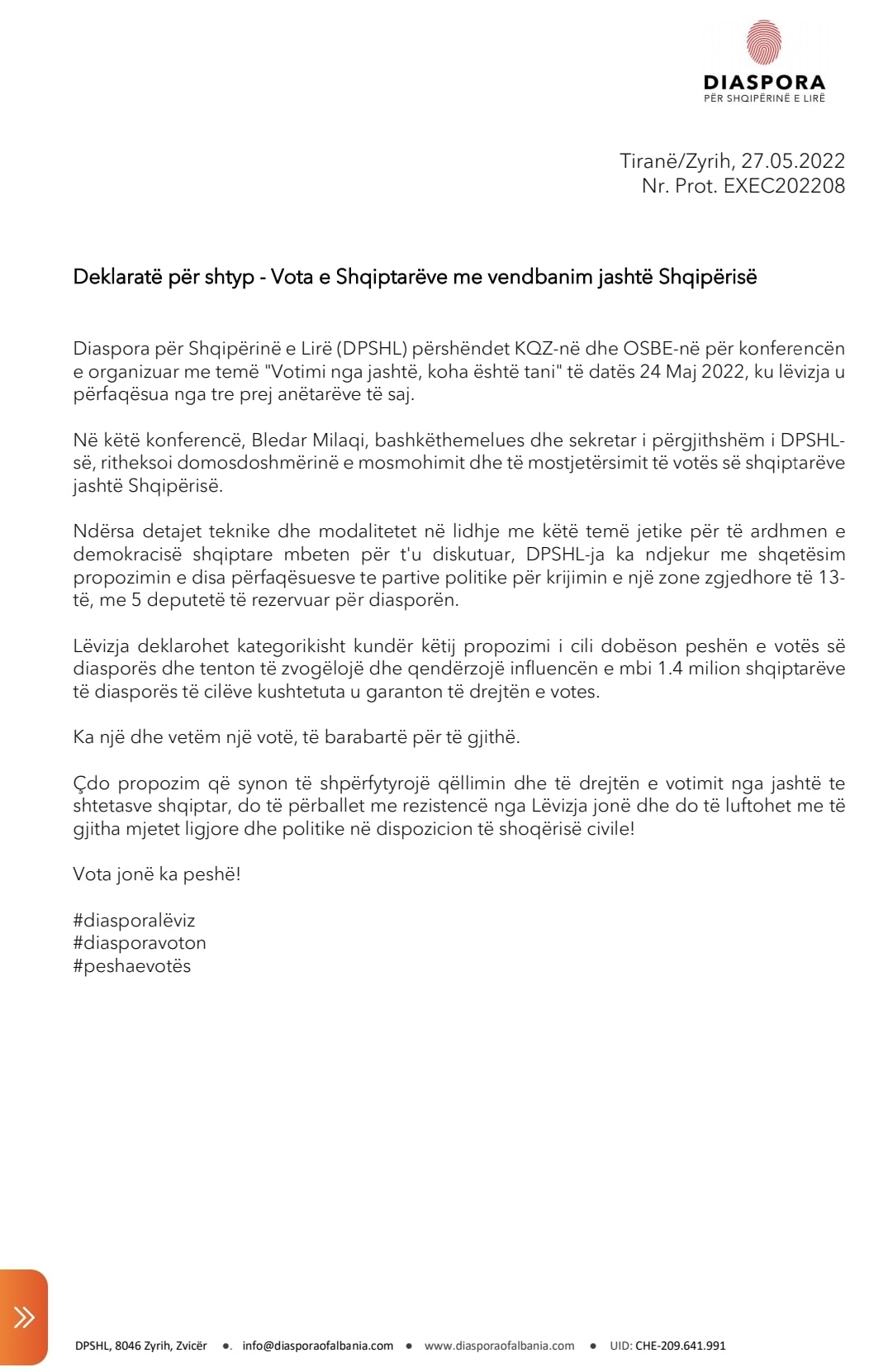 Deklaratë për shtyp – Vota e Shqiptarëve me vendbanim jashtë Shqipërisë