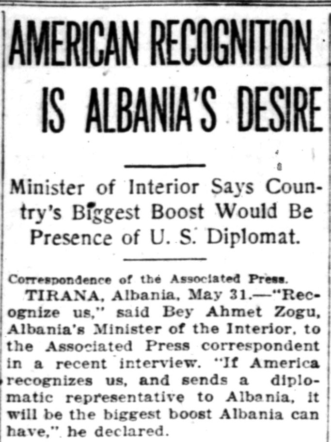 (1922)/ Ministri iBrendshëm Ahmet Bej Zogu: “Njohja nga Amerika dhe dërgimi i një përfaqësuesi diplomatik në Shqipëri, shtytje për vendin tonë”