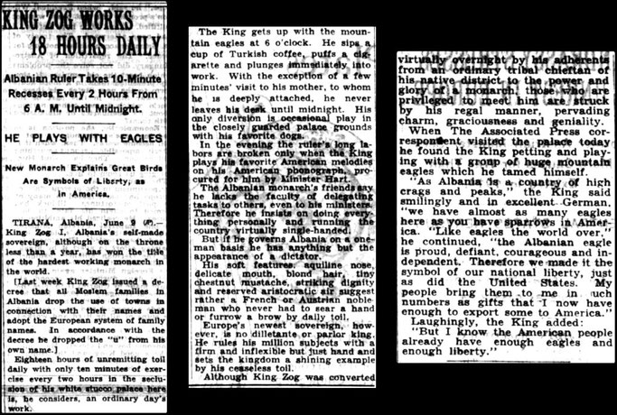 The New York Times (1929) / “18 orë punë në ditë, 10 minuta ushtrime çdo dy orë, Amerika, dekreti për mbiemrat…” — Takimi me mbretin Zog I në pallatin e tij