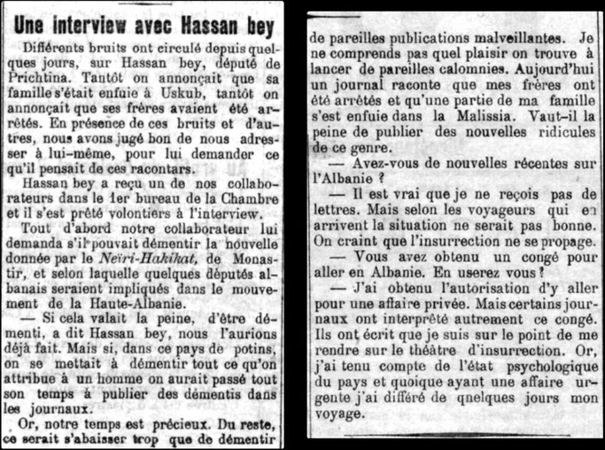 1910/ Një intervistë me Hasan Bej Prishtinën mbi qarkullimin e thashethemeve për të në shtypin turk