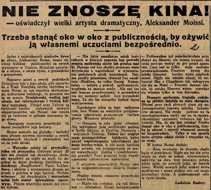 1928/ “E urrej kinemanë!” — Intervista ekskluzive me Aleksandër Moisiun në Lodz (Poloni)