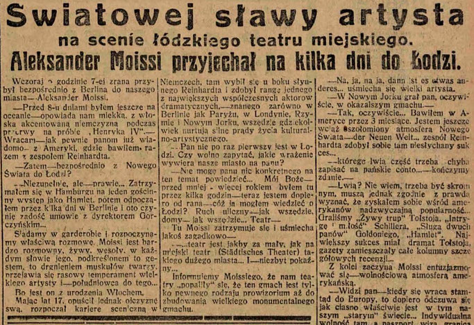 1928 / “Diferenca midis Botës së Re dhe asaj të Vjetër…”— Intervista ekskluzive me Aleksandër Moisiun në Lodz (Poloni)